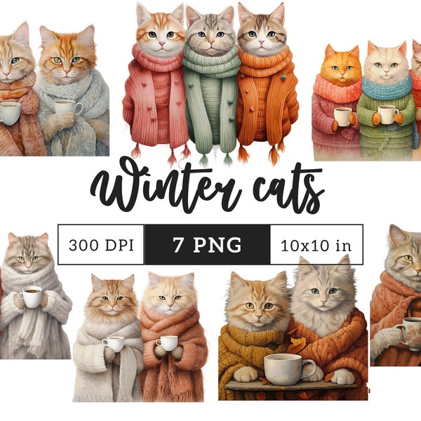 Winter cats clipart PNG Bundle Whimsical vintage kitten Whimsy Sublimation transfer clip art cute graphic illustration cat with scarf coffee