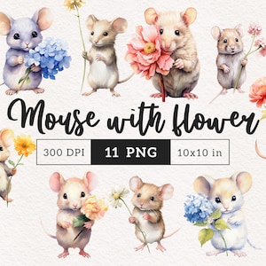 Souris et fleurs PNG clipart adorable petit animal Clip art pépinière adorable rongeur graphiques bois PNGs sublimation fabrication de cartes journalisation