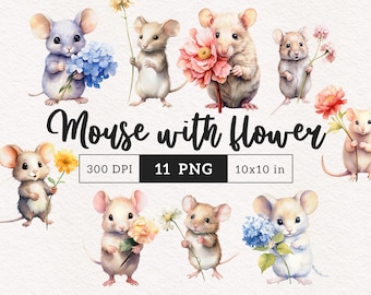 マウスと花のPNGクリップアートかわいい小さな動物のクリップアート保育園愛らしいげっ歯類のグラフィック森林PNG昇華カード作成ジャーナリング