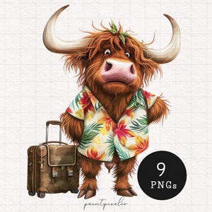 Imágenes prediseñadas de animales de viaje, ganado caprichoso con maleta, imágenes prediseñadas de sublimación PNG, animales de granja peculiares, vaca de las tierras altas, gráficos caprichosos POD