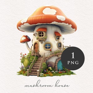 Toadstool house Aquarelle Champignon PNG clipart Orange Fantasy illustration graphique Sublimation Transfer Journal PNGs Imprimable Conte de fées