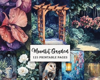 Moonlit Garden Junk Journal - Nightscape Patio Aesthetic Printable - Scrapbook Kit Shabby chic Ephemera Digital Background