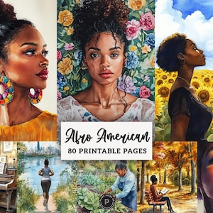Puede incluir: Una colección de retratos en acuarela de mujeres negras, que muestran diversos estilos y entornos. Las imágenes incluyen primeros planos, retratos con fondos florales y escenas con girasoles y actividades al aire libre. El texto dice "Afro American 80 Printable Pages."