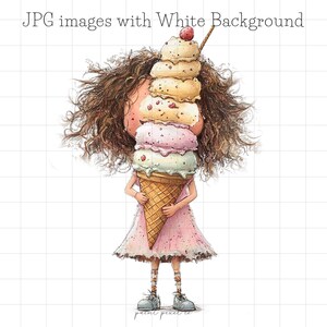 20 eigenzinnige foodie meisjes JPG clipart grillige ijs liefhebbers sublimatie illustraties rommelige meisjes kaart zoetekauw Mixed Media JPG's grappige mensen
