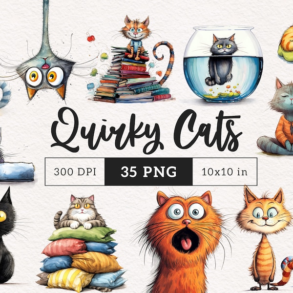 Clipart chat excentrique PNG chats lunatiques chaton sublimation clipart animaux mignons graphiques fantaisistes illustrations allongées drôles cadeau pour amoureux des chats