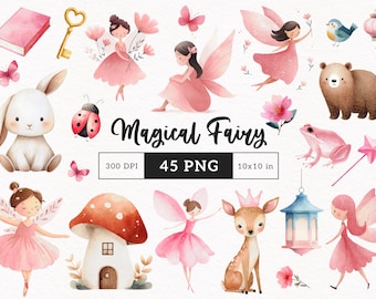 Aquarell Feengarten Clipart Pink Fee PNG Feen Pilz verzauberte Wald rosa Blume Kommerzielle Nutzung Junk Journal Digital Download