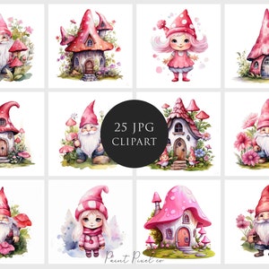 25 Różowy Gnom clipart Cottagecore JPG Wysokiej jakości JPG Dziewczyna Gnom Sublimacja Junk Journal Cyfrowe rzemiosło papiernicze Licencja komercyjna