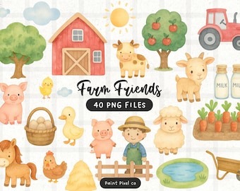 Puede incluir: Ilustraciones en acuarela de animales y objetos de granja, incluyendo un granero rojo, un tractor, una vaca, un cerdo, una oveja y un granjero. También se incluye el texto "Farm Friends" y "40 PNG FILES".
