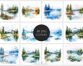 Lake Clipart High Quality JPGs Summer Forest Lake Enchanted Background clip art Sublimation Junk Journal Paper crafting Commercial License