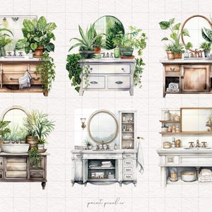 May include: A set of six watercolour illustrations of bathroom vanities with various styles of mirrors, cabinets, and greenery. The vanities are painted in a rustic style with wood and metal accents. The illustrations are perfect for creating a spa-like atmosphere in your home.
