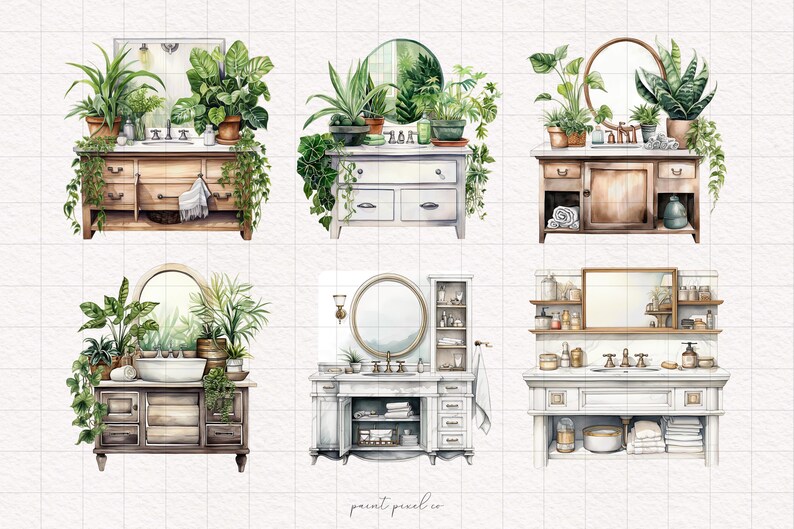 May include: A set of six watercolour illustrations of bathroom vanities with various styles of mirrors, cabinets, and greenery. The vanities are painted in a rustic style with wood and metal accents. The illustrations are perfect for creating a spa-like atmosphere in your home.