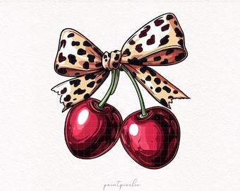 Coquette Cherries PNG Cherry Bow Preppy Coquette Retro Trendy Girl PNG Red Cherry Shirt Art Cheetah print Bow Sublimation Print on demand