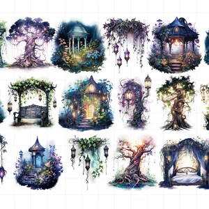 K&ouml;nnte beinhalten: Eine Sammlung von 16 digitalen Illustrationen mit fantasievollen, m&auml;rchenhaften Szenen. Jedes Bild zeigt eine andere Struktur, wie einen Pavillon, ein Haus oder ein Bett, umgeben von &uuml;ppigem Gr&uuml;n und leuchtenden Laternen.