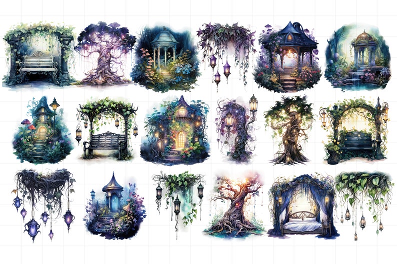 K&ouml;nnte beinhalten: Eine Sammlung von 16 digitalen Illustrationen mit fantasievollen, m&auml;rchenhaften Szenen. Jedes Bild zeigt eine andere Struktur, wie einen Pavillon, ein Haus oder ein Bett, umgeben von &uuml;ppigem Gr&uuml;n und leuchtenden Laternen.