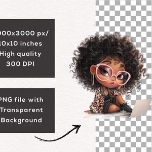 May include: Digital illustration of a Black girl with curly hair wearing pink glasses, a leopard print jacket, and black boots, sitting with a laptop. The image includes text: 3000x3000 px/10x10 inches, High quality, 300 DPI, and PNG file with Transparent Background.