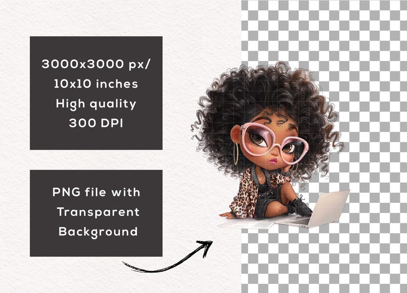May include: Digital illustration of a Black girl with curly hair wearing pink glasses, a leopard print jacket, and black boots, sitting with a laptop. The image includes text: 3000x3000 px/10x10 inches, High quality, 300 DPI, and PNG file with Transparent Background.