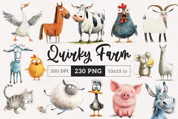 Quirky Farm Animals PNG Clipart Whimsical Cow Pig Goat Sheep Cattle animals Sublimation clip art Chicken Whimsy graphics Silly illustration