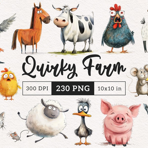 Quirky Farm Animals PNG Clipart Whimsical Cow Pig Goat Sheep Cattle animals Sublimation clip art Chicken Whimsy graphics Silly illustration