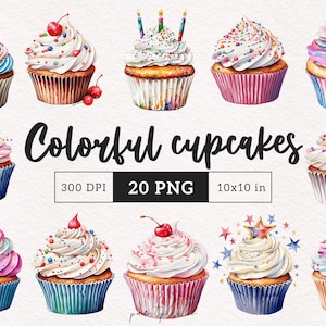 Cupcake colorati PNG Prodotti da forno Clipart Grafica di dolciumi Dessert Sublimazione illustrazione Decorazioni per feste Artigianato Album di ritagli Creazione di biglietti