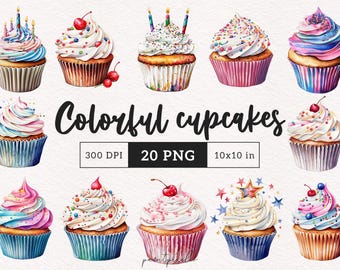 Colorful Cupcakes PNG Baked goods Clipart Sweet treats graphics Dessert Sublimation illustration Party decor Craft Scrapbook Card making