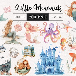 Cute little Mermaid clipart Pastel Baby mermaid PNG Watercolor Underwater Scenes birthday baby shower Cute sea creature party favors