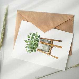 May include: A watercolor painting of a potted plant on a wooden stand. The plant has green leaves and is in a gray pot. The stand is made of light brown wood.
