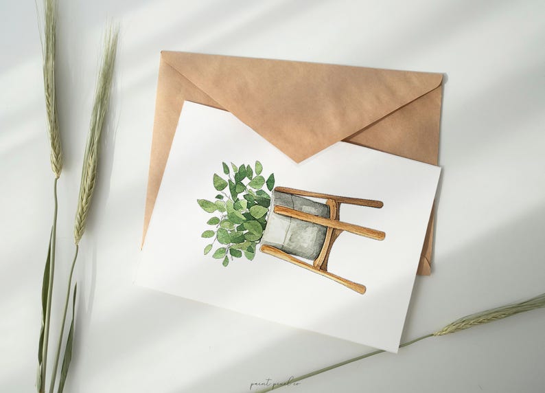 May include: A watercolor painting of a potted plant on a wooden stand. The plant has green leaves and is in a gray pot. The stand is made of light brown wood.