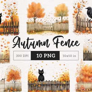 Herfst hek Clipart Boho Halloween houten hek PNG aquarel raaf val zwarte kat esthetische herfst bomen efemere achtergrond