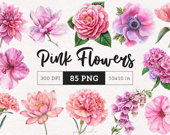 Pink Floral Clipart Watercolor Pink Flowers PNG Botanical Romantic Blooms Girl Baby shower graphics Wedding Flowers Card making Scrapbooking