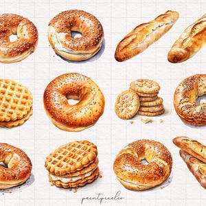 May include: A watercolor illustration of various baked goods, including bagels, croissants, waffles, and cookies. The illustration is on a white background with a grid pattern.