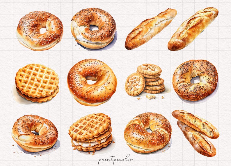 May include: A watercolor illustration of various baked goods, including bagels, croissants, waffles, and cookies. The illustration is on a white background with a grid pattern.