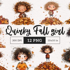Quirky Autumn Girl clipart Whimsical Fall Girl PNG Funny Kid fall leaves Whimsy people Sublimination cartoon girl illustration Crazy girl