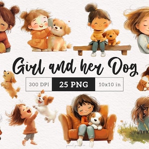 Cute Girl with Dog clipart Whimsical Pet mom PNG Adorable Puppy Sublimination Junk Journal illustration Dog lover tshirt graphics cardmaking