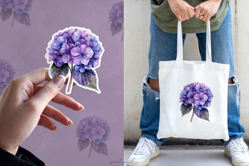 May include: A white tote bag with a purple and blue watercolor hydrangea flower design.