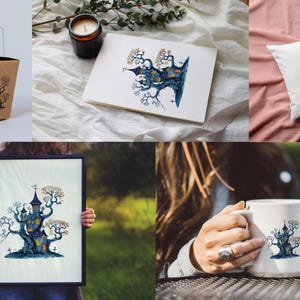 May include: A set of Halloween-themed products featuring a watercolor illustration of a spooky house built into a tree. The illustration is available on a mug, pillow, tote bag, and art print.