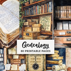 May include: Watercolor illustration of a genealogy-themed collection. The image features open antique books, wooden shelves filled with books and boxes, and a family tree chart. Text on the image reads "Genealogy 80 Printable Pages."
