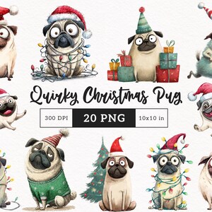 Pode incluir: Ilustrações em aquarela de pugs peculiares em trajes natalinos. Os pugs usam gorros de Papai Noel, luzes de corda e suéteres festivos. A imagem inclui o texto "Quirky Christmas Pug", "20 PNG" e dimensões de 25,4x25,4 cm.