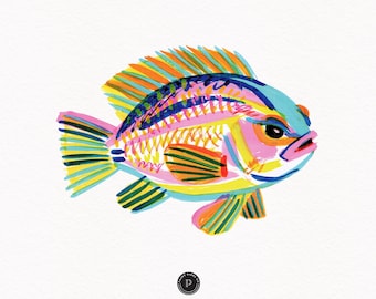 Preppy Fish PNG - Watercolor Gouache Style Illustration Vibrant Pastel Artwork Digital File Shirt Sublimation Print on demand