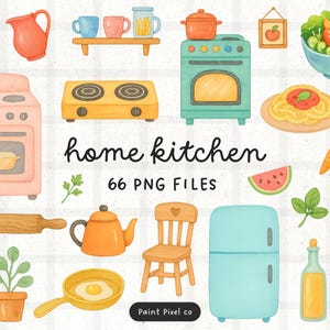 May include: Watercolor illustration of kitchen items, including a stove, refrigerator, and various cooking utensils. The image also features text that reads "home kitchen" and "66 PNG FILES".
