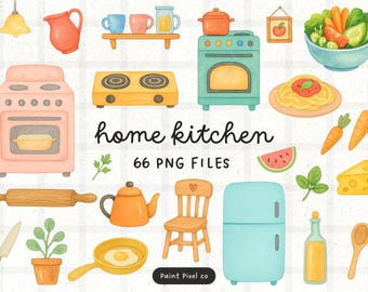 Home Kitchen Clipart Bundle - Watercolor Cooking Appliances PNG images (Commercial Use) (Digital Download)