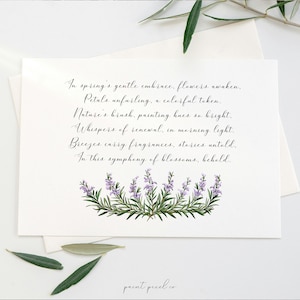 May include: A white card with a handwritten poem about spring and flowers. The poem reads: "In spring's gentle embrace, flowers awaken. Petals unfailing, a colorful token. Nature's brush, painting hues so bright. Whispers of renewal, in morning light. Breezes carry fragrances, stories untold. In this symphony of blossoms, behold."