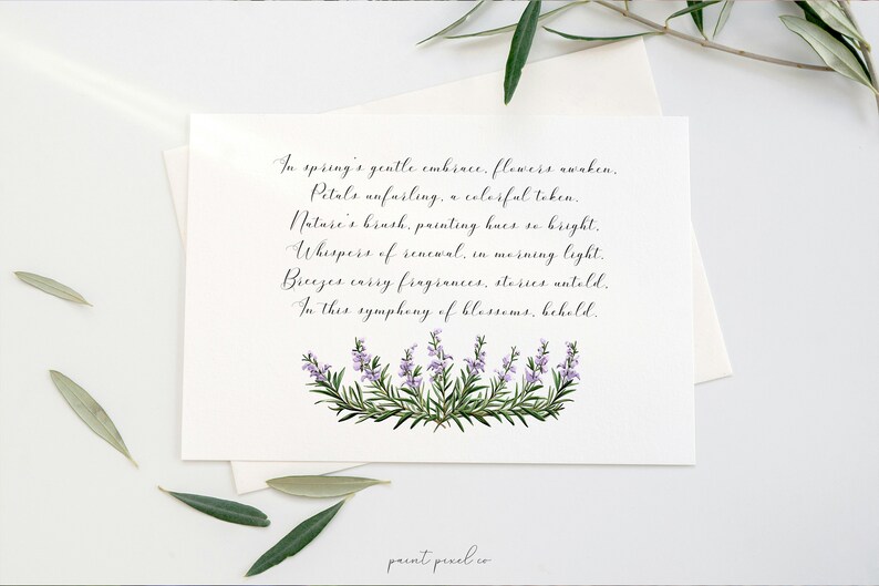 May include: A white card with a handwritten poem about spring and flowers. The poem reads: "In spring's gentle embrace, flowers awaken. Petals unfailing, a colorful token. Nature's brush, painting hues so bright. Whispers of renewal, in morning light. Breezes carry fragrances, stories untold. In this symphony of blossoms, behold."
