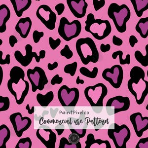 Puede incluir: Un patrón repetitivo con formas delineadas en negro rellenas de colores rosa claro y morado oscuro sobre un fondo rosa brillante. Una etiqueta rectangular blanca en el centro muestra el texto PaintPixelco Commercial use Pattern.