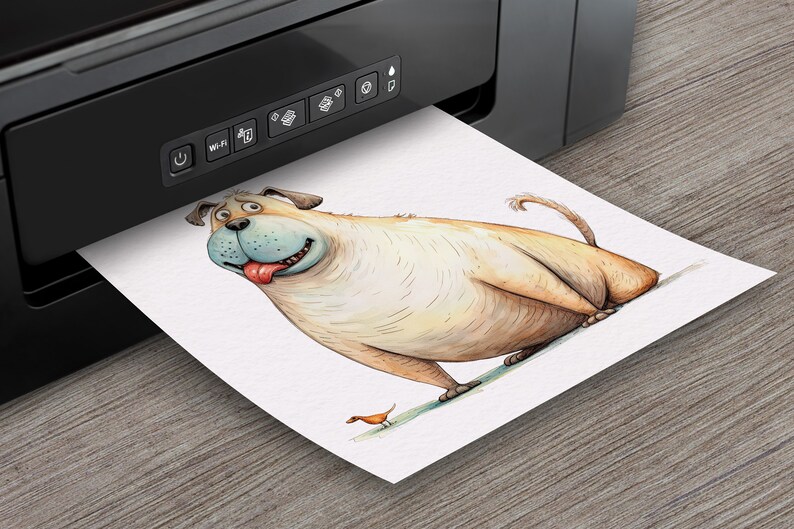 K&ouml;nnte beinhalten: Aquarell-Illustration eines Cartoon-Hundes mit langer Zunge, gedruckt von einem schwarzen Drucker. Der Hund ist hellbraun und wei&szlig;, mit blauem Maul und einem kleinen orangefarbenen Vogel in der N&auml;he.