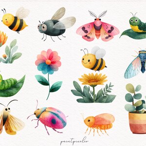 May include: Watercolor illustrations of various insects and plants. The image features a yellow and black bee, a gray fly, a pink moth, a green caterpillar, and colorful flowers. A cute, whimsical design.