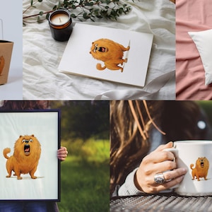 May include: A set of illustrations featuring a cartoon dog with a fluffy orange coat and a big smile. The dog is shown in different poses, including sitting, standing, and running. The illustrations are perfect for use on mugs, t-shirts, tote bags, and other merchandise.