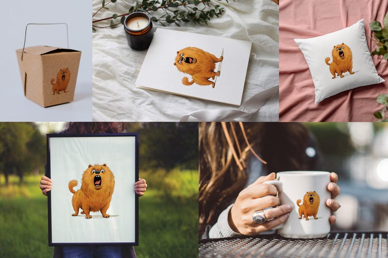May include: A set of illustrations featuring a cartoon dog with a fluffy orange coat and a big smile. The dog is shown in different poses, including sitting, standing, and running. The illustrations are perfect for use on mugs, t-shirts, tote bags, and other merchandise.
