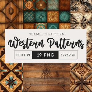 Könnte beinhalten: Ein Set mit 19 digitalen nahtlosen Mustern mit westlich inspirierten Designs. Die Muster umfassen Holzstrukturen, komplizierte Schnitzereien und geometrische Formen in Braun-, Beige-, Teal- und Goldtönen. Die Muster sind 30,5 x 30,5 cm groß und haben 300 DPI.