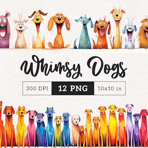 Whimsical Dogs clipart PNG Bundle watercolor quirky Puppies Whimsy Sublimation cute graphic illustration elongated dog border clip art