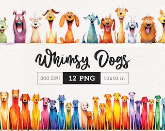 Whimsical Dogs clipart PNG Bundle watercolor quirky Puppies Whimsy Sublimation cute graphic illustration elongated dog border clip art